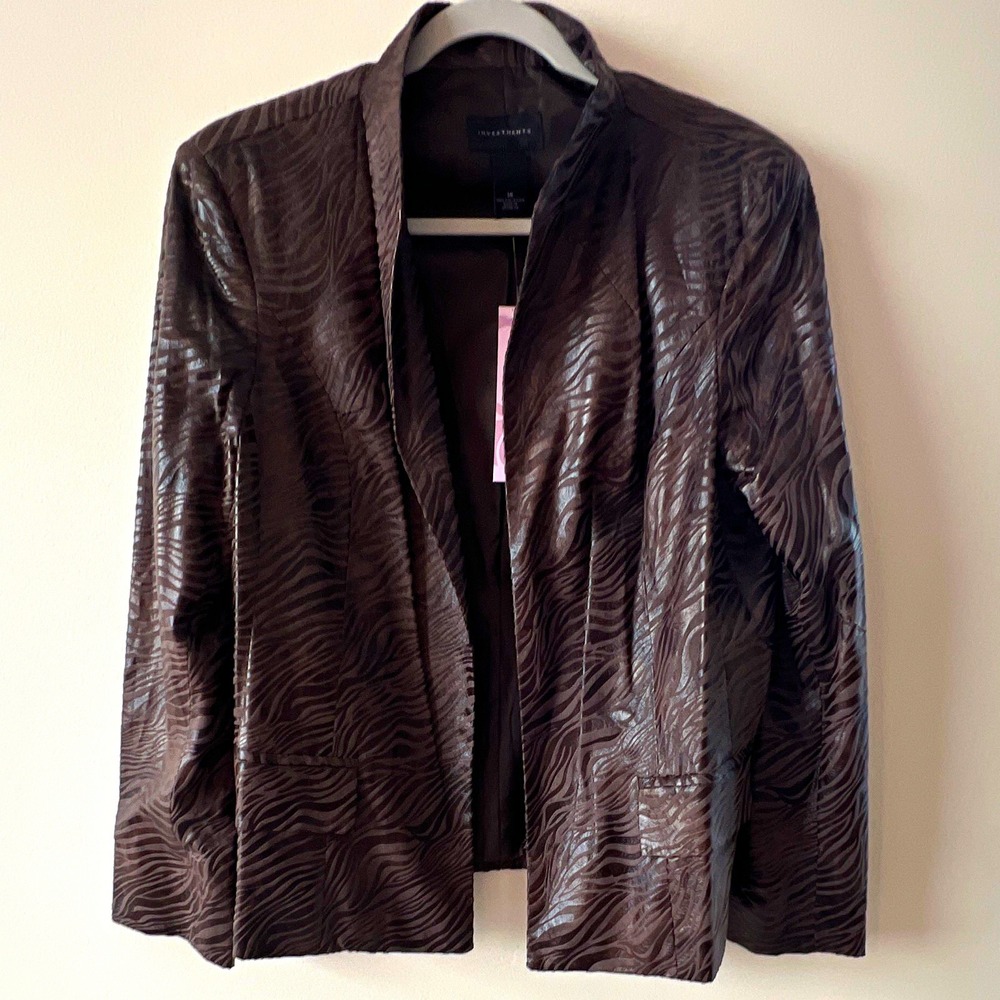 Investments Brown Zebra Animal Print Open Front Blazer Jacket Long Sleeve 14